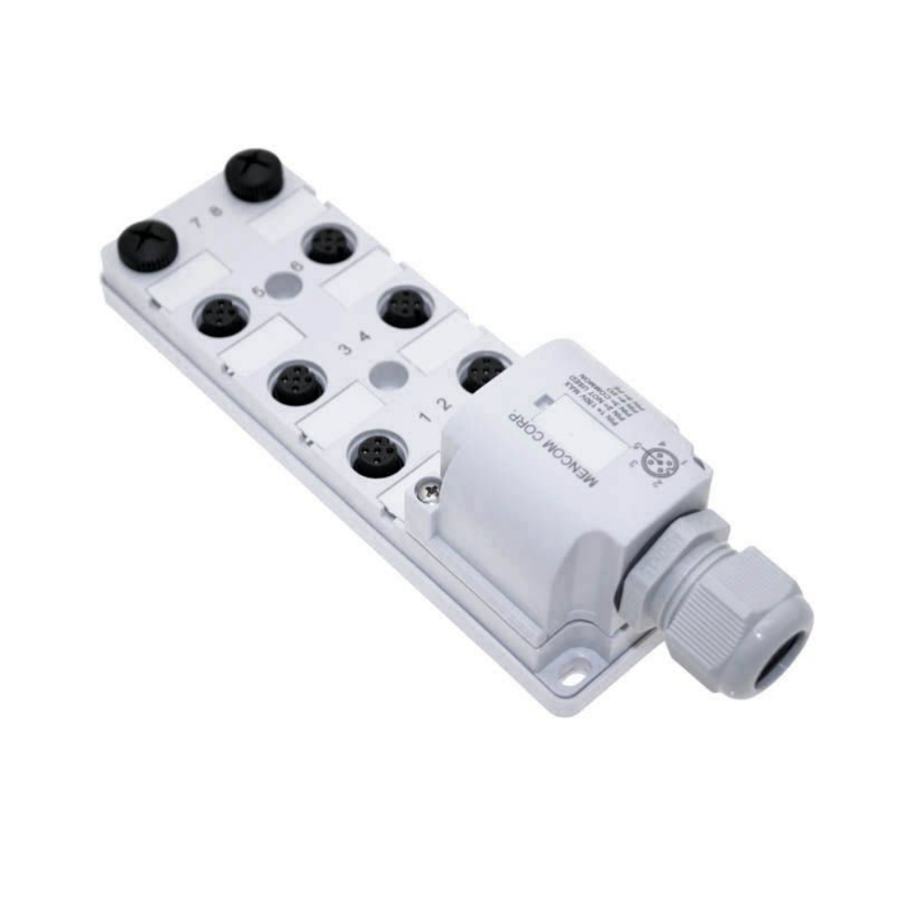 JDC-83P-210-M000 MENCOM JUNCTION BLOCK<br>8-3 PIN M12 /10 PIN 1 1/8" MINI SIDE EXIT 48VDC PNP LED